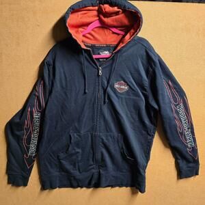 VTG Harley Davidson Black Embroidered  Zip Hoodie Jacket XL Sleeve Hits Flames